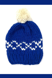 bright blue winter pom pom hat rew