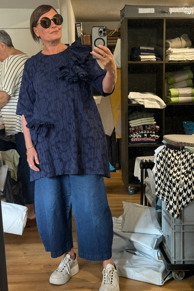 DYL - Navy Floral Crinkle look Top with Frill