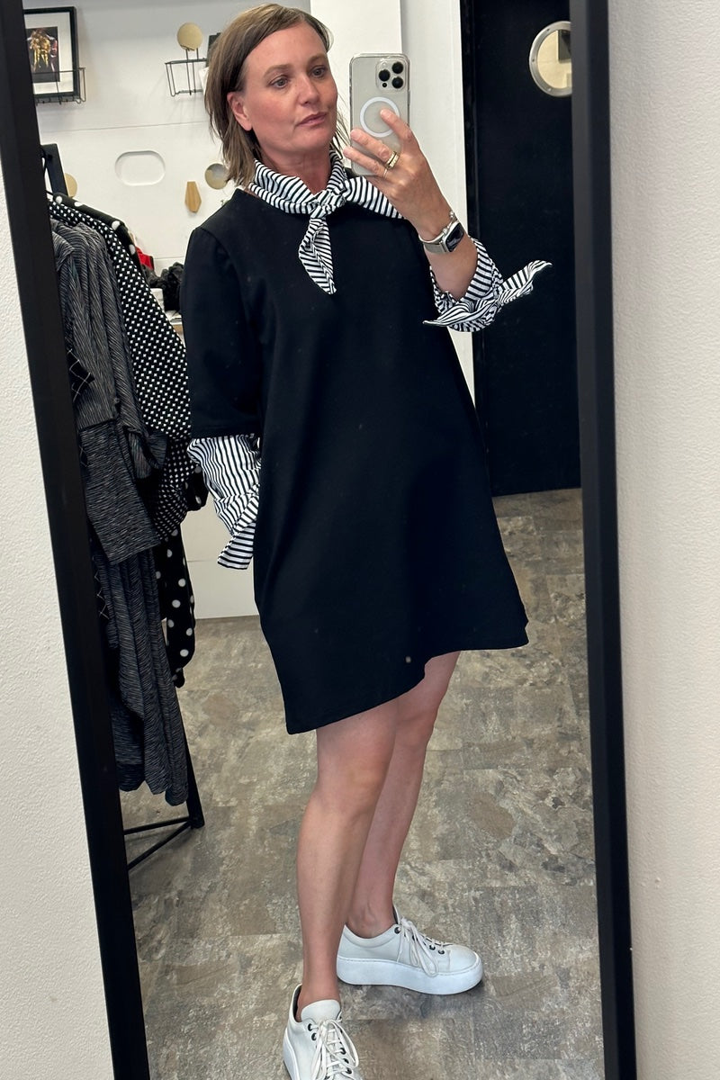 Paris Midi Dress - Black Cotton Scuba Striped Sleeves & Scarf