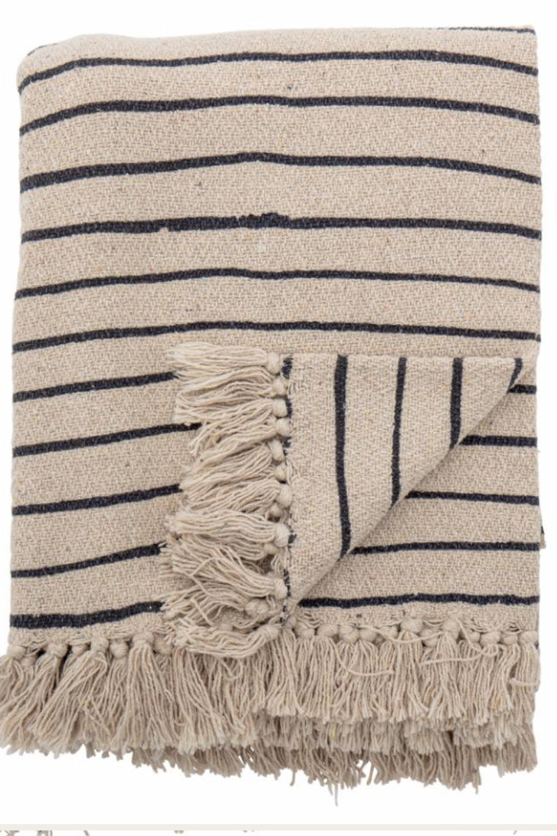 Throw Blanket - Sally - Striped Oatmeal and Black Stripes Recycled Cotton