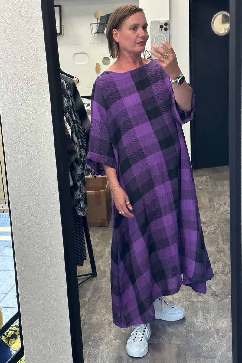 Zana - Longer Length Purple Check Dress