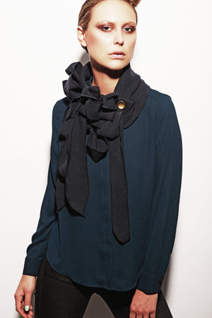 Estee Lauder navy blue wool gold button scarf