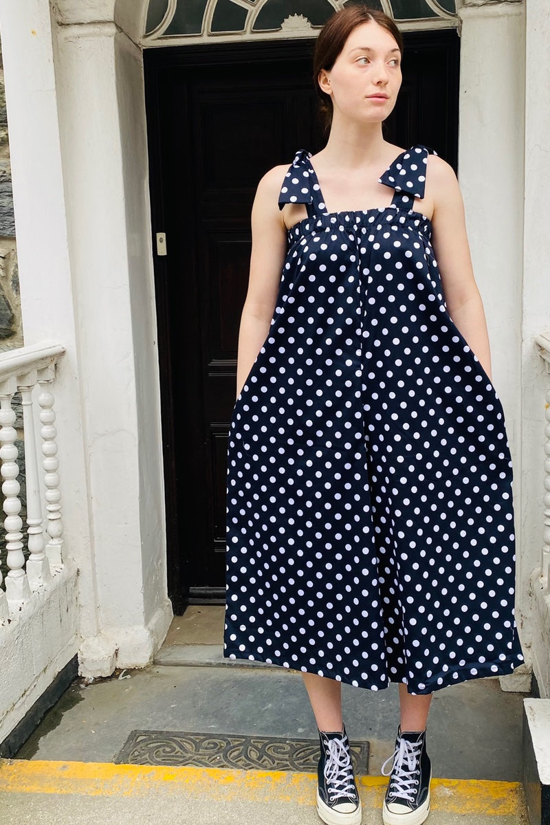 navy polka dot jumpsuit rew clothing