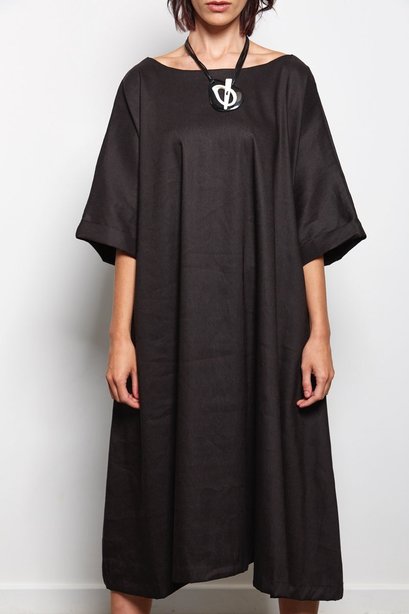 linen black flared fit dress 